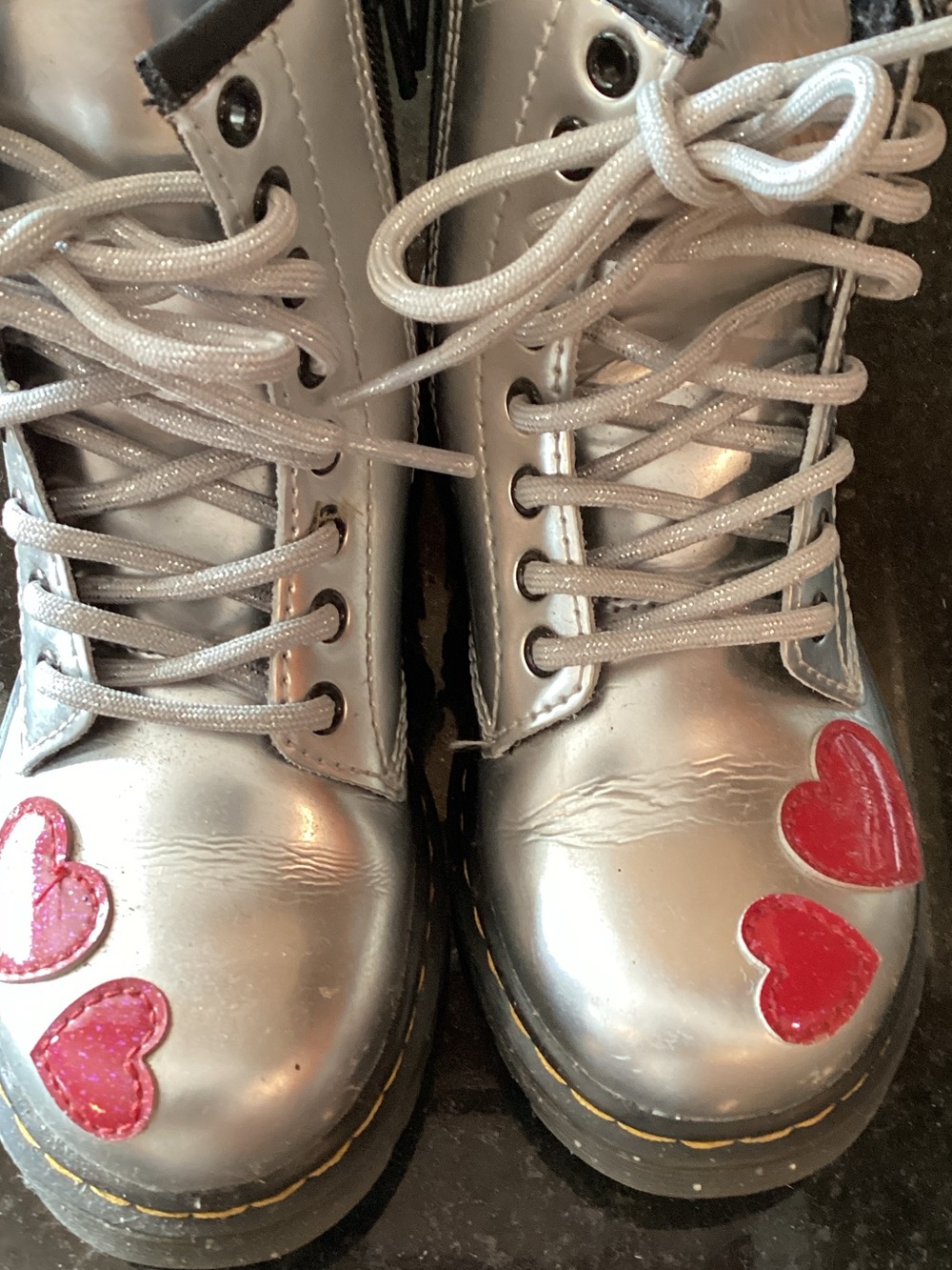 Dr. Martens Silver Kids Heart Lace-Up Boots with Red Hearts - Picture 3 of 8